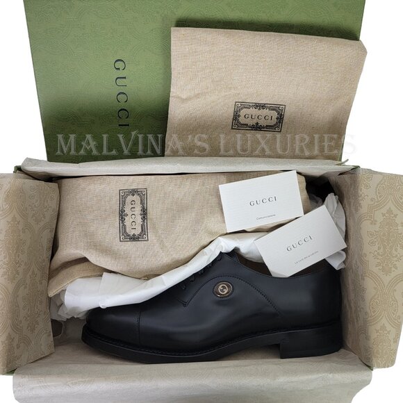 GUCCI SHOES MENS BLACK LEATHER INTERLOCKING G LOGO DERBY OXFORD sz 9 US 9.5 - Picture 14 of 15